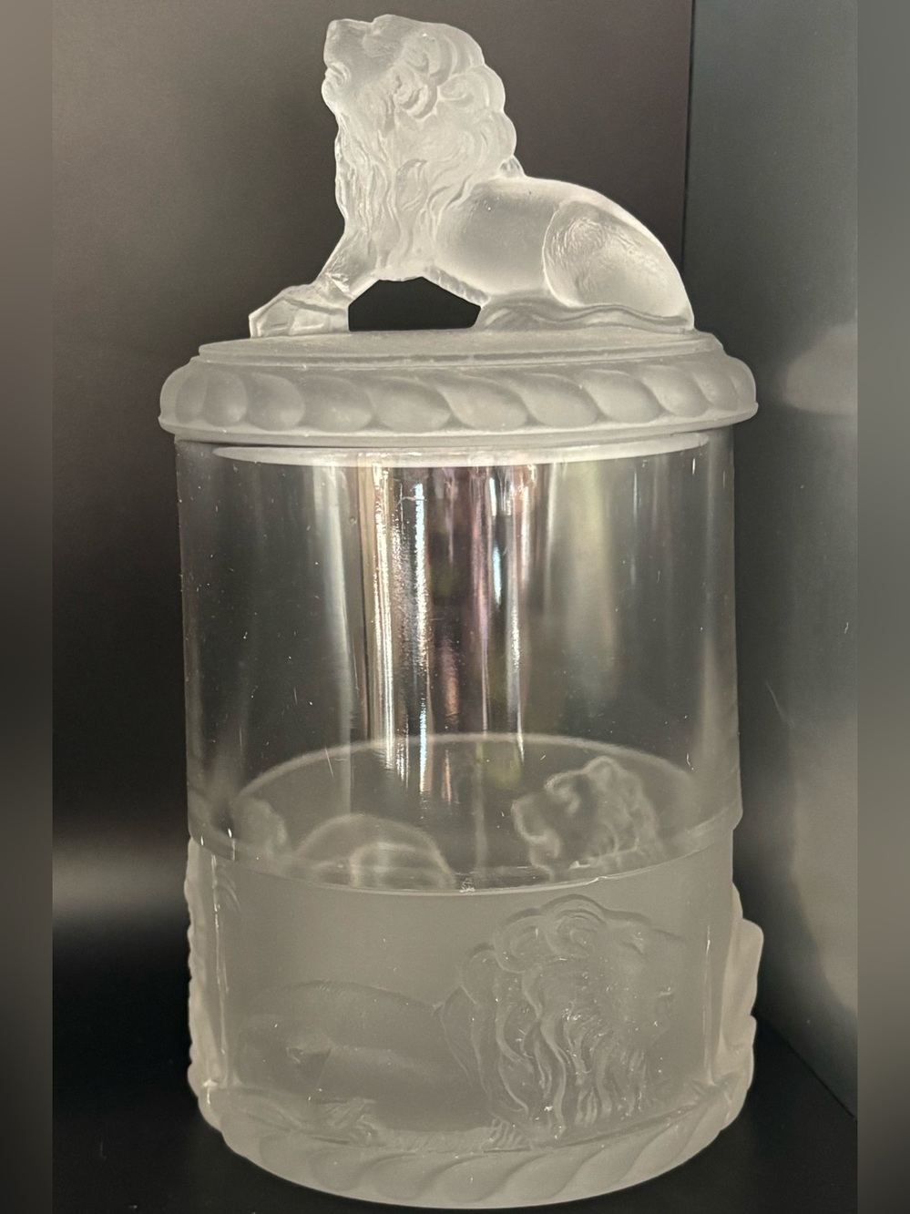 Antique EAPG Gillinder & Sons Frosted Lion Covered Jam Marmalade Jar UV Glow